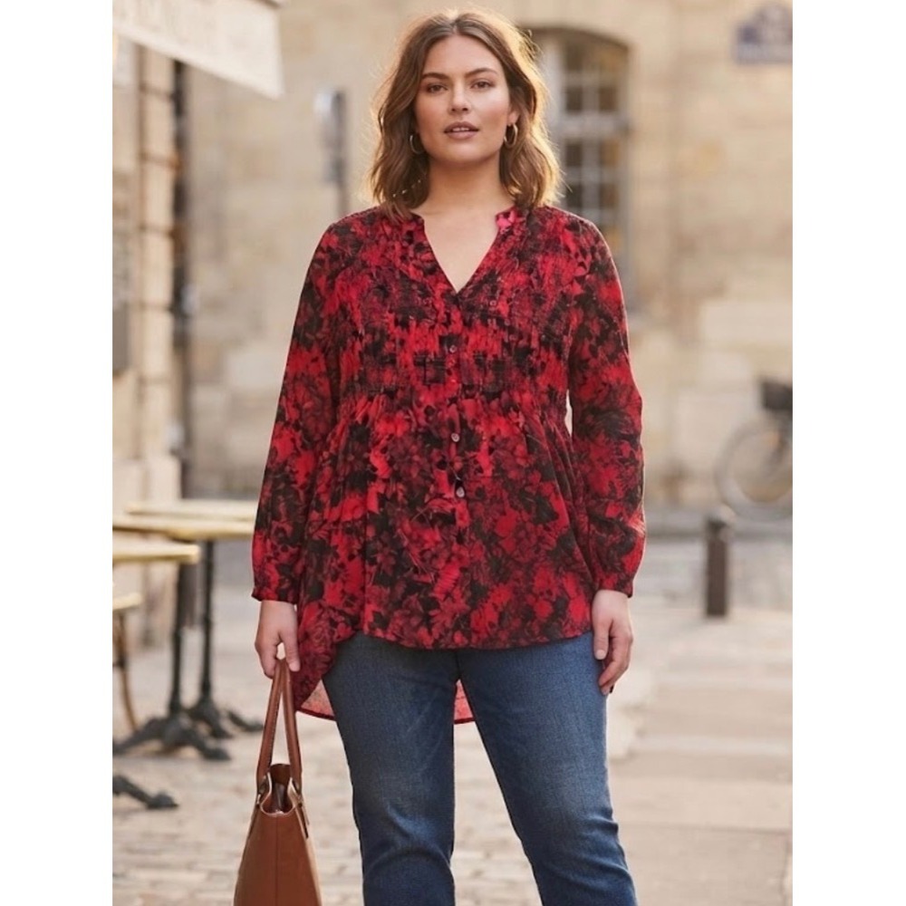 Torrid Red Black Floral Smocked High Low Button Front Blouse Top Plus Size 2